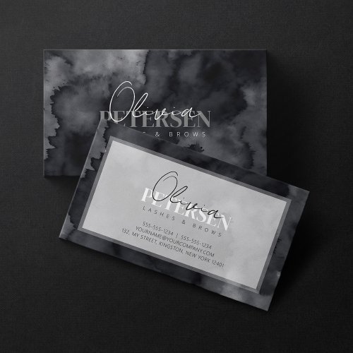 Black Watercolor Lashes Brows Script Typography Business Card