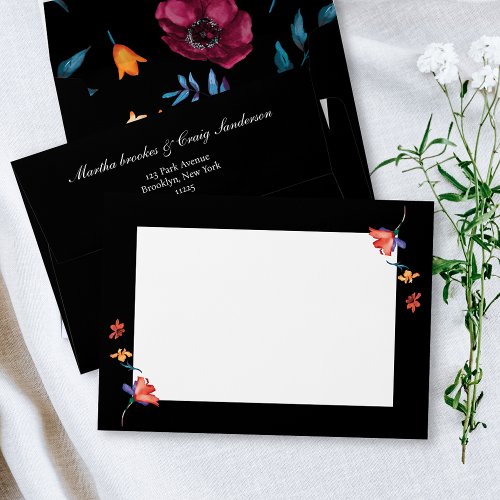 Black Watercolor Mexican Fiesta Flower Wedding Envelope