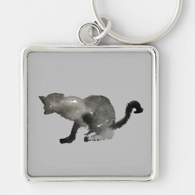 Black watercolor monochrome cat keychain (Front)