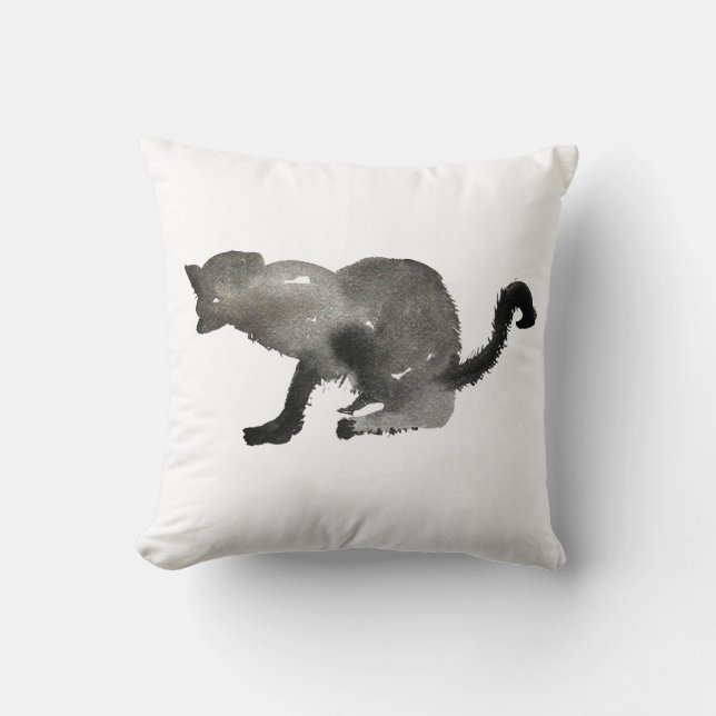 Black watercolor monochrome cat throw pillow (Front)