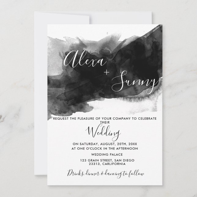 Black watercolor moody wedding invitation (Front)