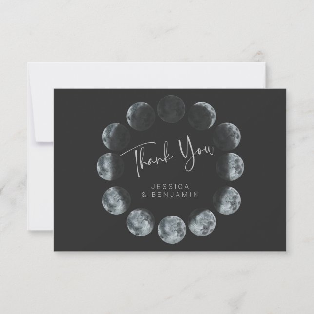 Black Watercolor Moon Phases Custom Wedding Thank You Card (Front)