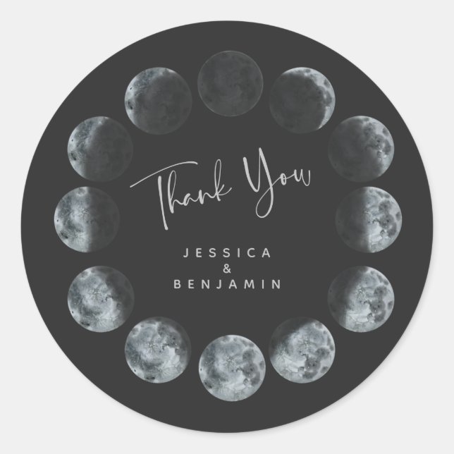 Black Watercolor Moon Phases Personalized  Classic Round Sticker (Front)