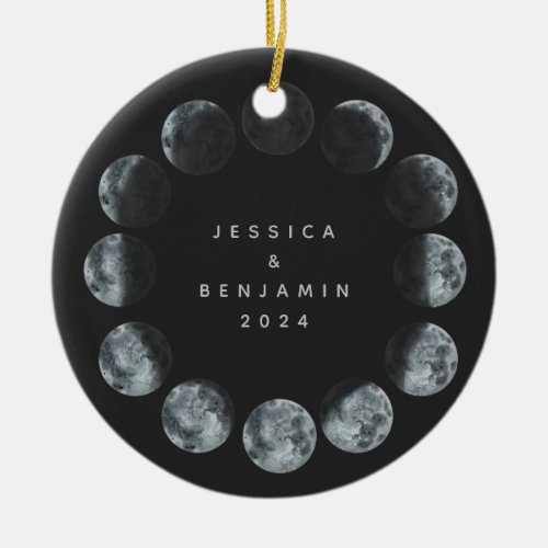 Black Watercolor Moon Phases Personalized Couple Ceramic Ornament