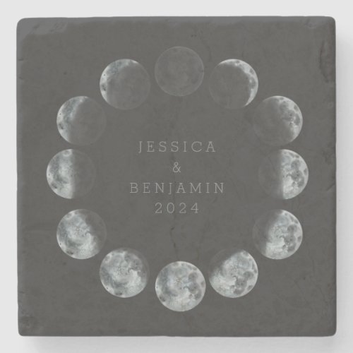 Black Watercolor Moon Phases Personalized Couple  Stone Coaster