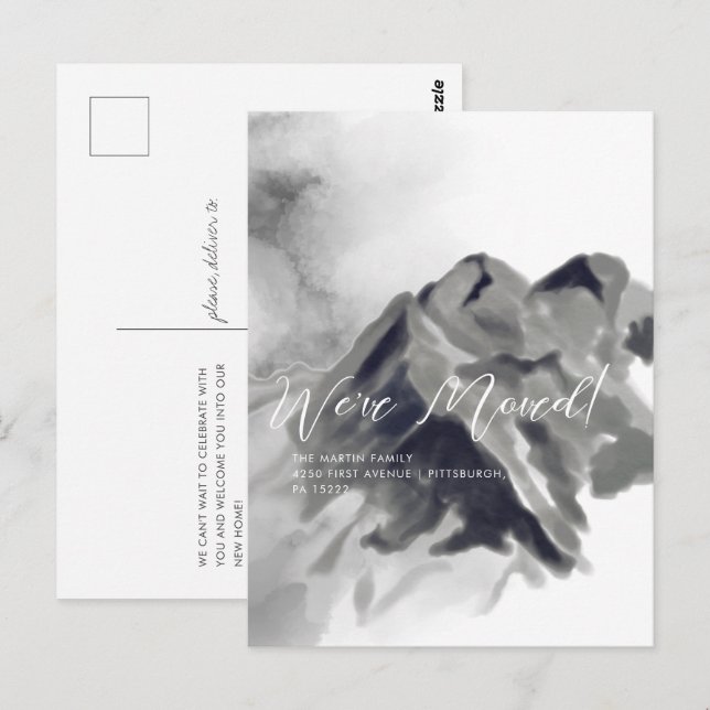 Black Watercolor Mountains Moving Announcement Postcard (Front/Back)
