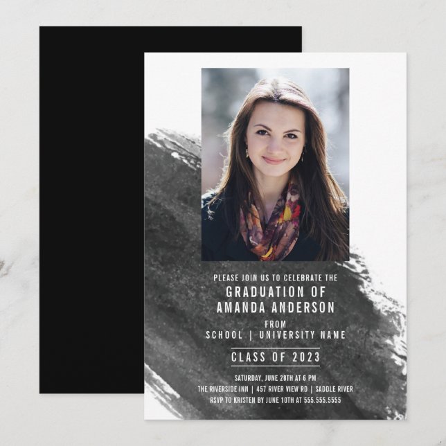 Black Watercolor Photo Graduation Party Invitation (Front/Back)