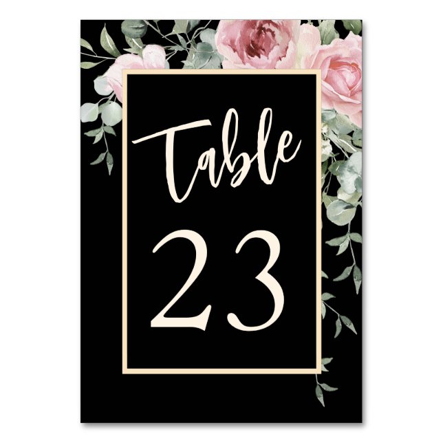 Black Watercolor Pink Floral Wedding Table Number (Front)