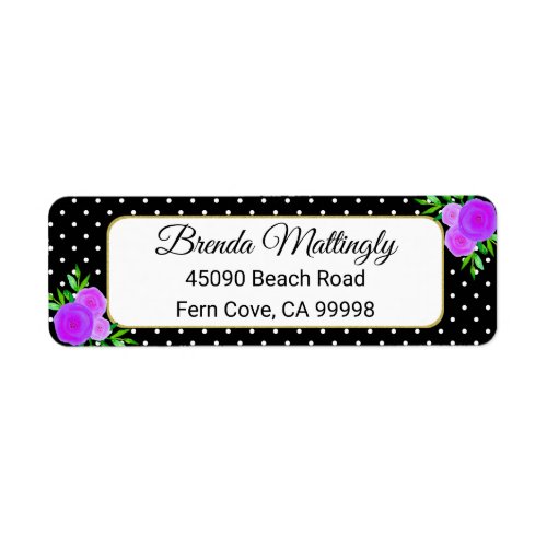 Black Watercolor Purple Floral Dots Return Address Label