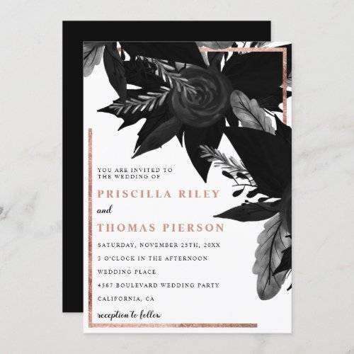 Black watercolor rose gold floral wedding invitation