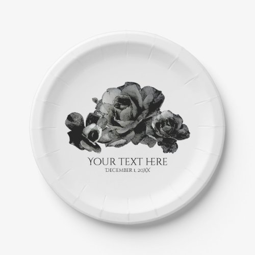 Black Watercolor Roses Elegant Wedding Paper Plates