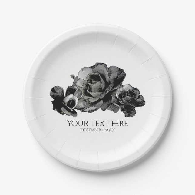 Black Watercolor Roses Elegant Wedding Paper Plates (Front)