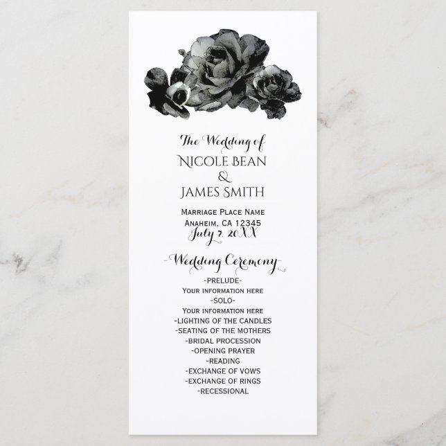 Black Watercolor Roses Elegant Wedding Program (Front)