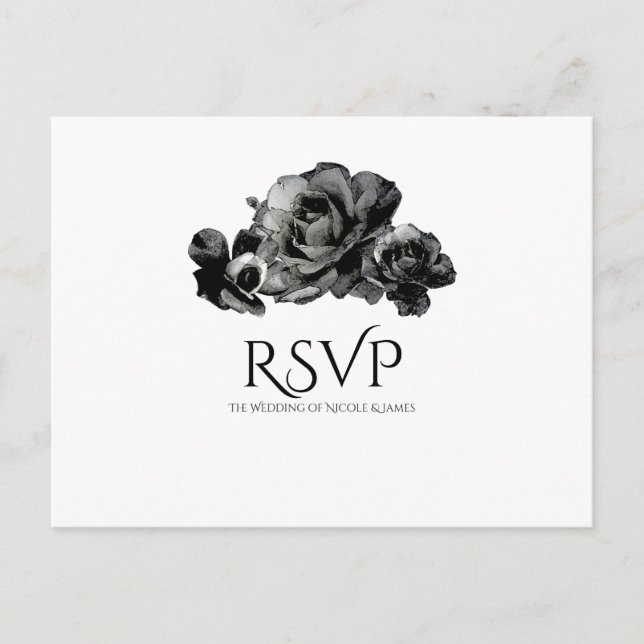 Black Watercolor Roses Elegant Wedding RSVP Invitation Postcard (Front)