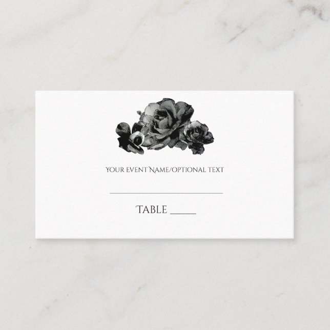 Black Watercolor Roses Wedding Seating Place Card (Front)