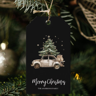 Black Watercolor Vintage Car Christmas Tree Gift Tags