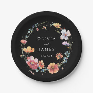 Black Watercolor Wildflower Wedding Paper Plates