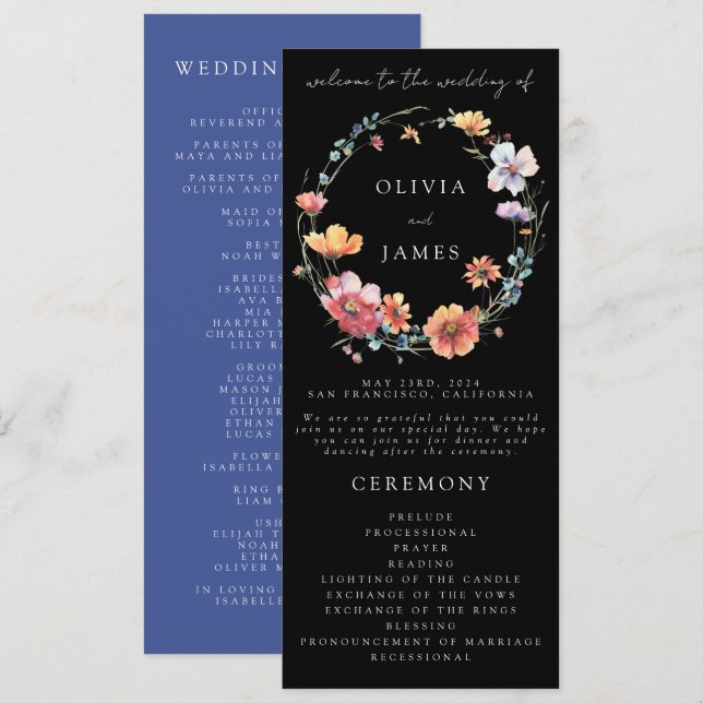 Black Watercolor Wildflower Wreath Wedding Program (Front/Back)