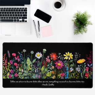 Black Watercolor Wildflowers Quotes Desk Mat