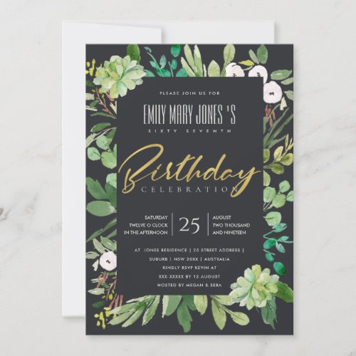 BLACK WATERCOLOR WREATH FOLIAGE ANY AGE BIRTHDAY INVITATION