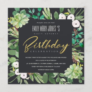 BLACK WATERCOLOR WREATH FOLIAGE ANY AGE BIRTHDAY INVITATION