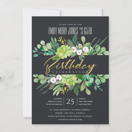 BLACK WATERCOLOR WREATH FOLIAGE ANY AGE BIRTHDAY INVITATION