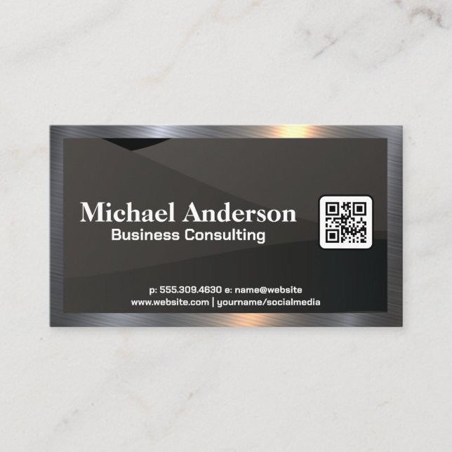 Black Waves Background | QR Code Business Card (Front)