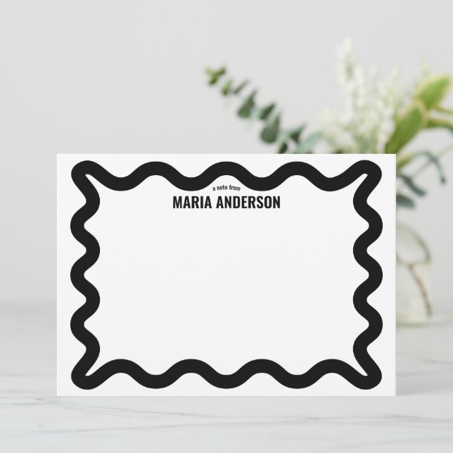 Black Wavy Border Personalised Note Card (Standing Front)