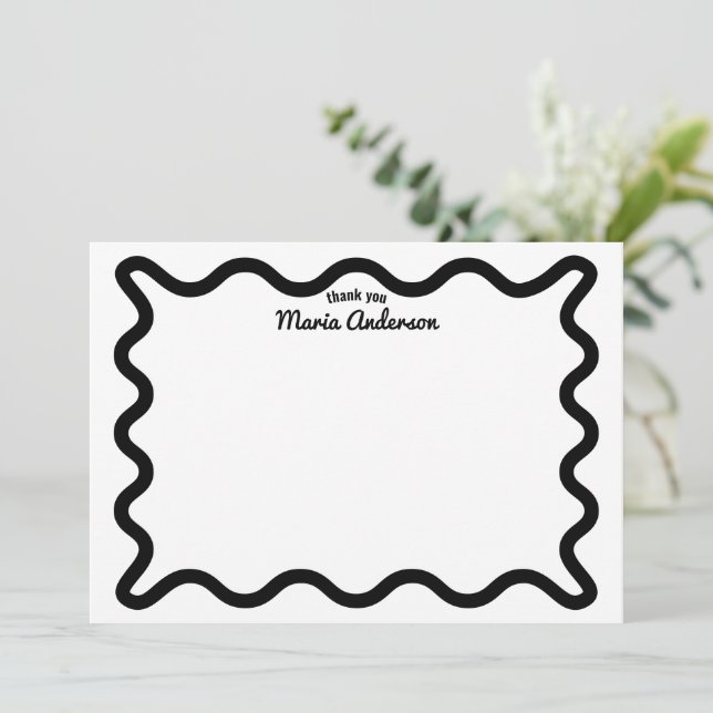 Black Wavy Border Personalised Thank You Note Card (Standing Front)