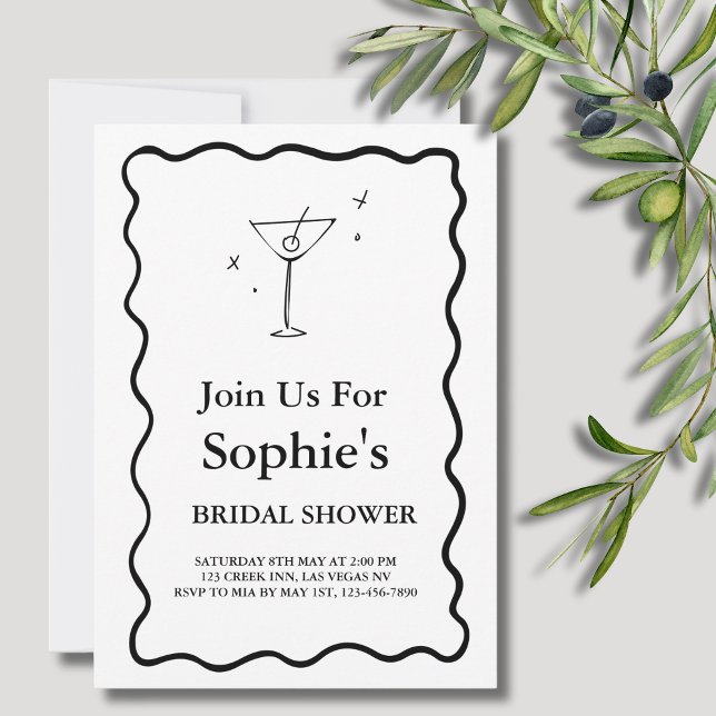 Black Wavy Retro Bridal Shower, Martini Glass Invitation (Creator Uploaded)