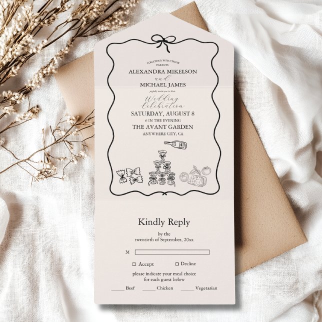 Black Wavy Whimsical Italian Doodle Wedding All In One Invitation (Creator Uploaded)