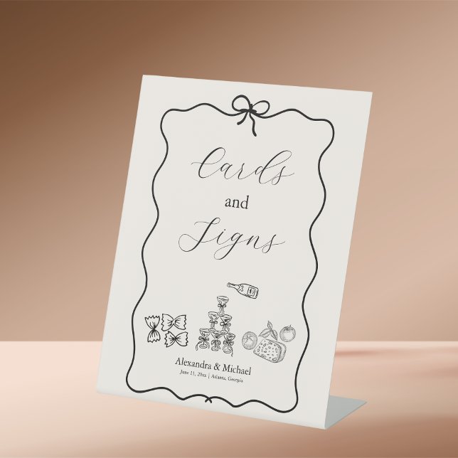 Black Wavy Whimsical Italian Doodle Wedding Pedestal Sign (Creator Uploaded)