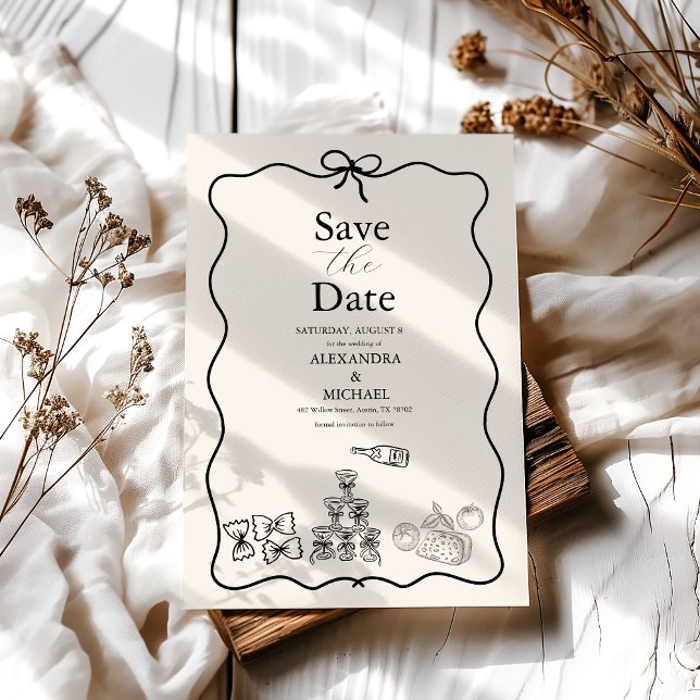 Black Wavy Whimsical Italian Doodle Wedding Save The Date (Creator Uploaded)
