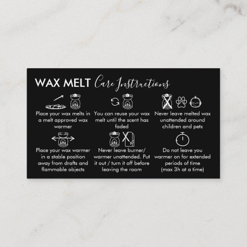 Black Wax Melt Care Instructions Business Card