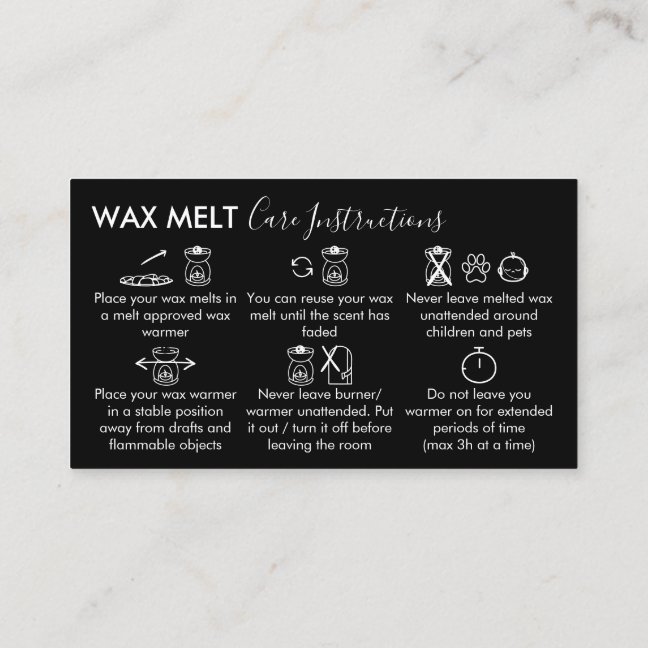 Black Wax Melt Care Instructions Business Card
