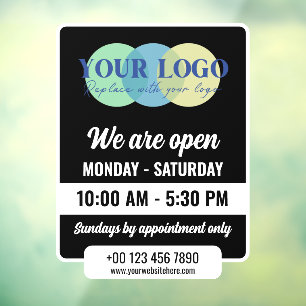 Black We Are Open Hours With Your Logo Window Cling