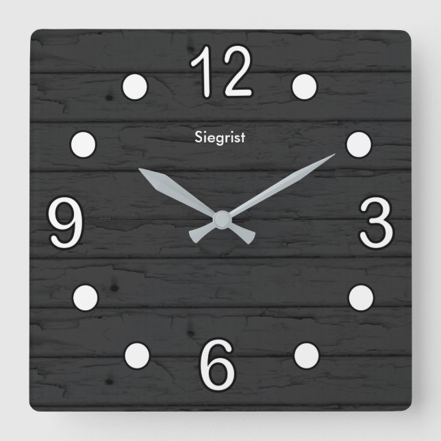 Black Weathered Wood Style with White Numbers Square Wall Clock (Front)