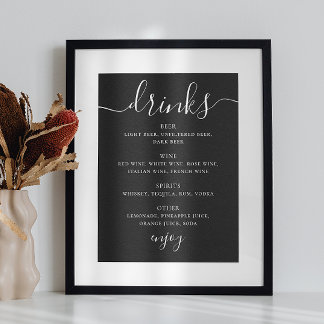 Black Wedding Bar Menu | Modern Script Drinks Poster