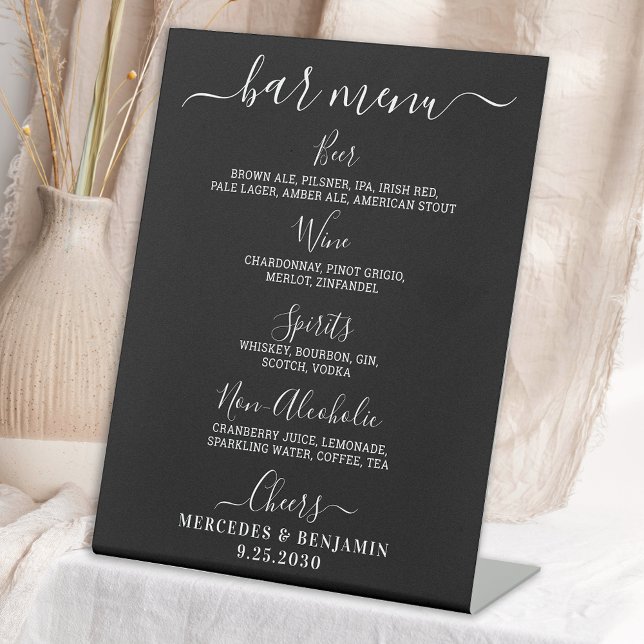 Black Wedding Bar Personalized Drink Menu Pedestal Sign (Creator Uploaded)