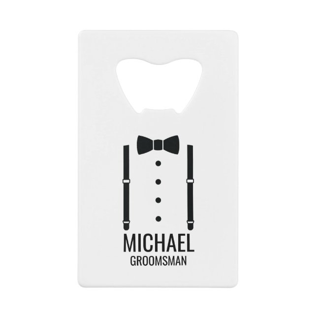 Black Wedding Bow Tie Personalized Groomsmen Credit Card Bottle Opener (Front)