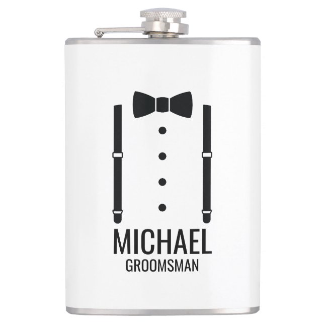 Black Wedding Bow Tie Personalized Groomsmen Flask (Front)