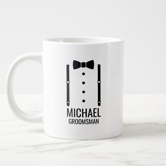 Black Wedding Bow Tie Personalized Groomsmen Giant Coffee Mug (Left)