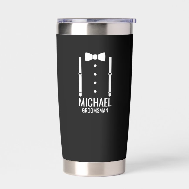 Black Wedding Bow Tie Personalized Groomsmen Insulated Tumbler (Left)