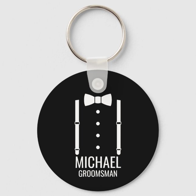 Black Wedding Bow Tie Personalized Groomsmen Keychain (Front)