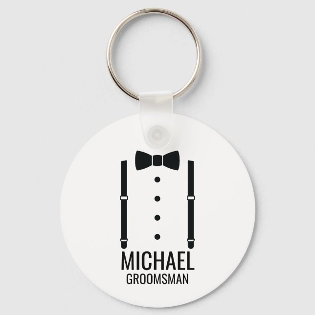 Black Wedding Bow Tie Personalized Groomsmen Keychain (Front)