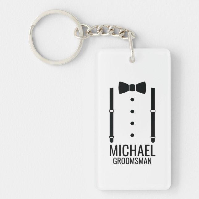 Black Wedding Bow Tie Personalized Groomsmen Keychain (Front)