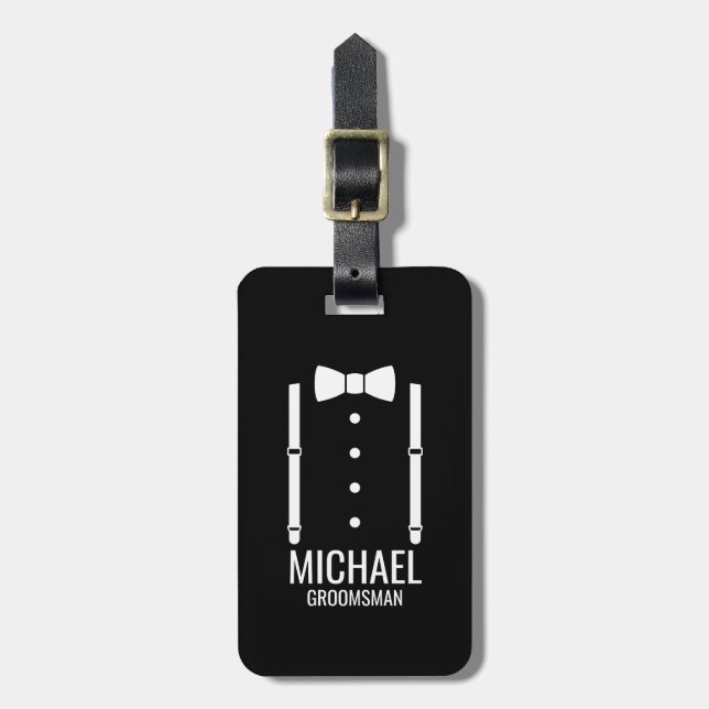 Black Wedding Bow Tie Personalized Groomsmen Luggage Tag (Front Vertical)
