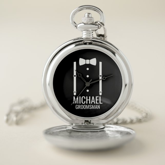 Black Wedding Bow Tie Personalized Groomsmen Pocket Watch (Inside)