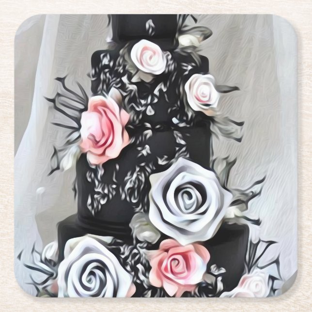 Black Wedding Cake with Roses Square Paper Coaster (Front)