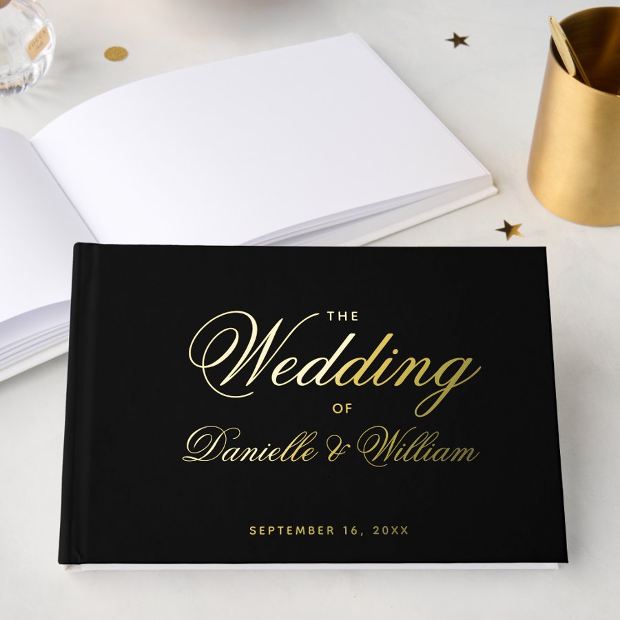 Black Wedding Calligraphy Script Typography Gold  Foil Guest Book